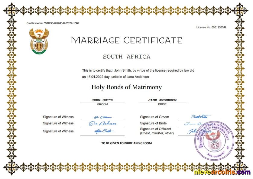 South Africa marriage certificate